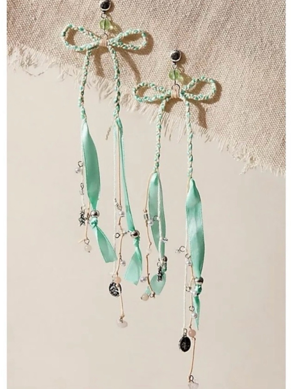 Free People Candy Baby Bow Dangle Earrings Sea Foam Ivory Braid Coquette Mermaid